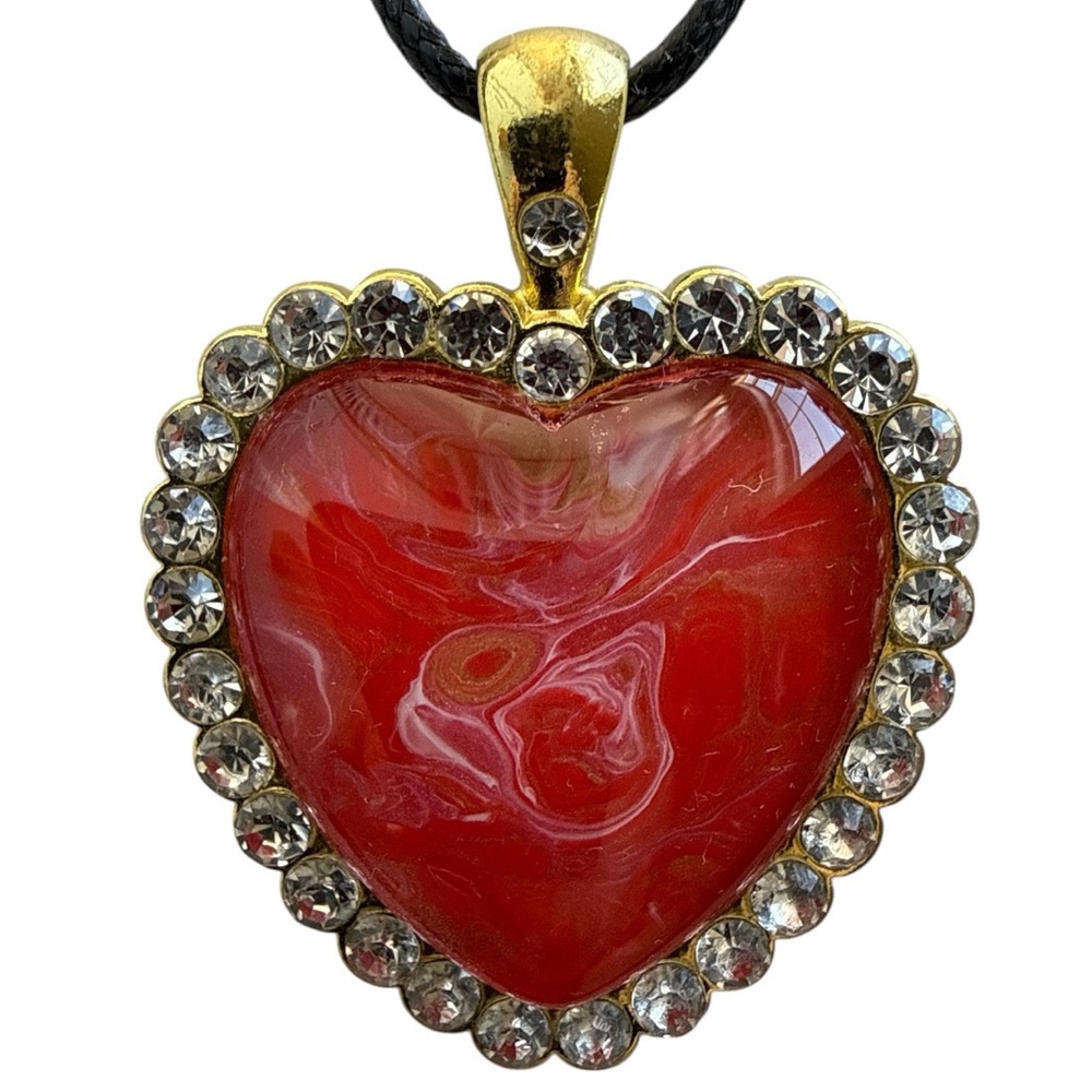 Handmade Heart Pendant Necklace Red Fluid Art Rhinestone Frame by Svetlana Yeung